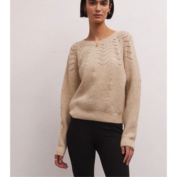 Z Supply Sabine Pointelle Slouchy Sweater Light Oatmeal Heather Size XS - Picture 1 of 8